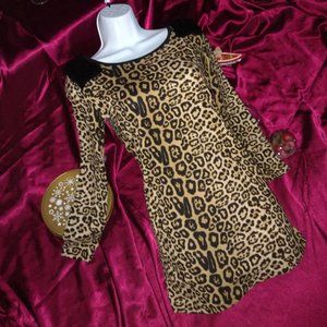 Leopard Print & Faux Fur Long Sleeve Mini Dress